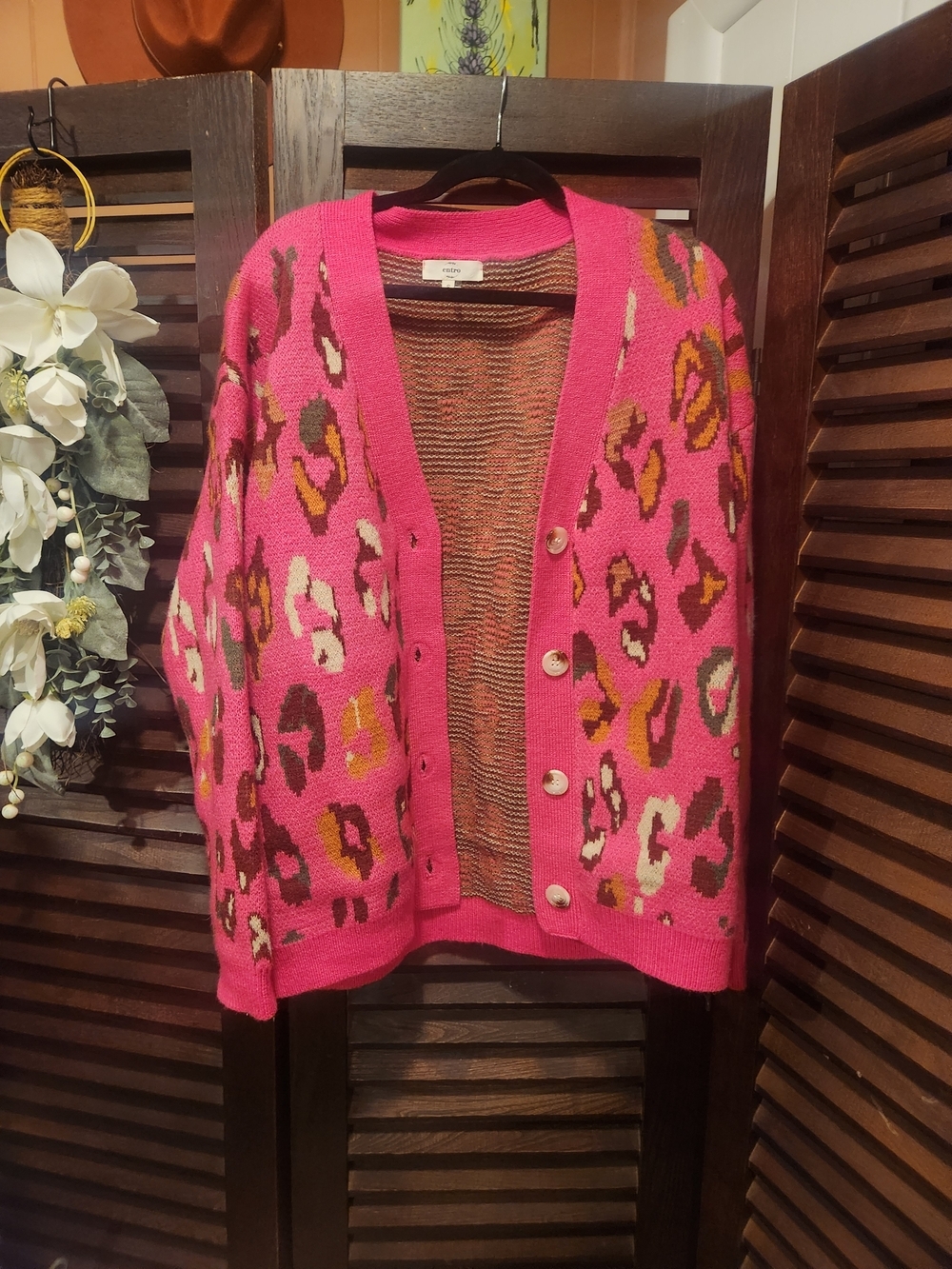 entro Hot Pink Leopard-Print Button Cardigan